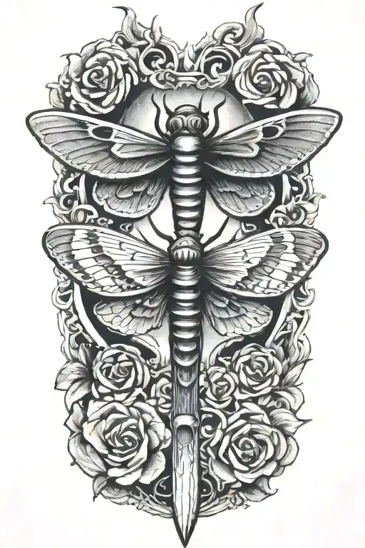 moth and switchblade knife tattoo design idea