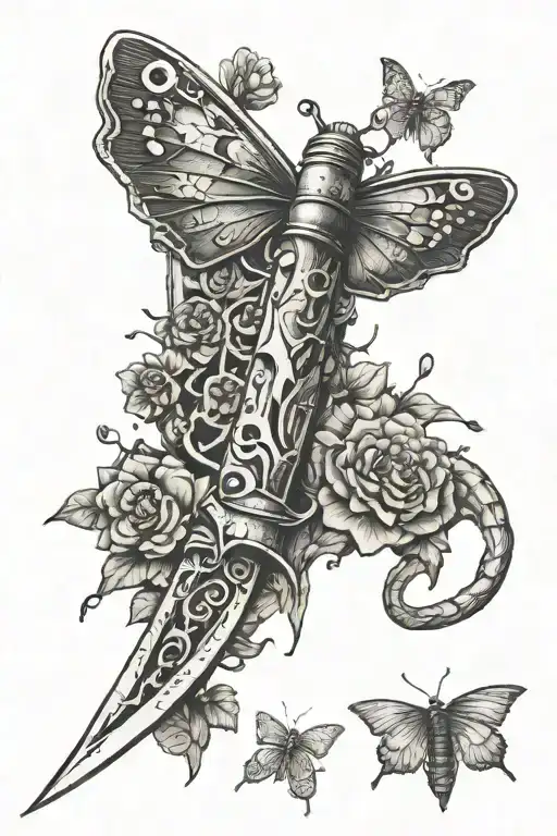 the last of us moth and switchblade knife surrounded by fungus tattoo design idea