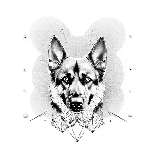 german shepherd dog face, half in realistic style, the other half in geometric style tattoo design idea
