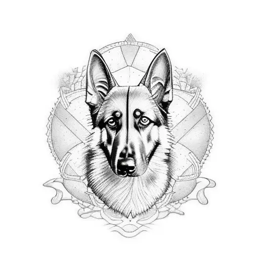 german shepherd dog face, half in realistic style, the other half in geometric style tattoo design idea