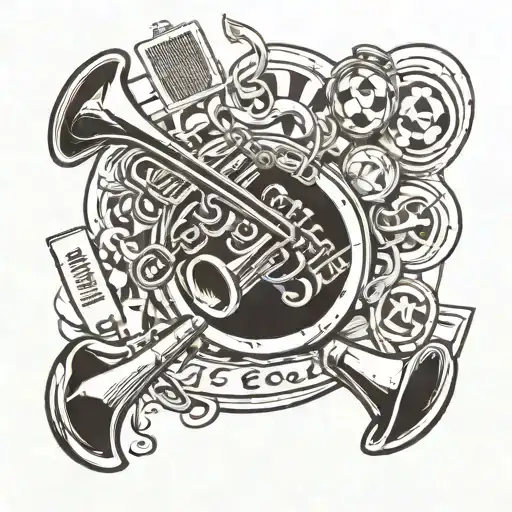 a black and white tattoo with a trumpet, a soccer ball, a musical note, some hands tattoo design idea