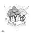 River, commando dagger, trees tattoo design idea