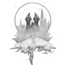 River, commando dagger, trees tattoo design idea