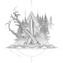River, commando dagger, trees tattoo design idea