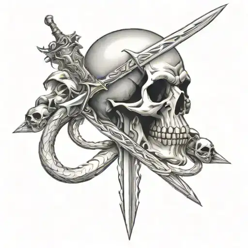 sword through skull with snakes tattoo design idea