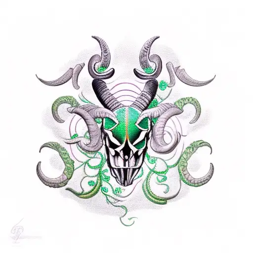 A traditional tattoo featuring a realistic ram skull surrounded by light green snake vines. tattoo design idea