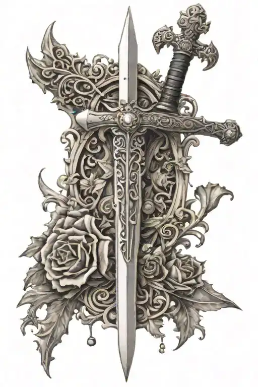 very fine Gothic stiletto sword with elements of fleurs-de-lis on the handle, surrounded by heraldic monograms tattoo design idea