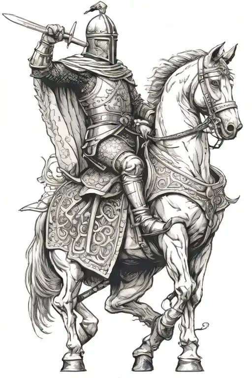 crusader knight slowly rides on a horse with a sword in his hand tattoo design idea