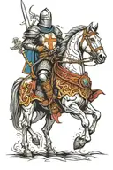 crusader knight slowly rides on a horse with a sword in his hand tattoo design idea