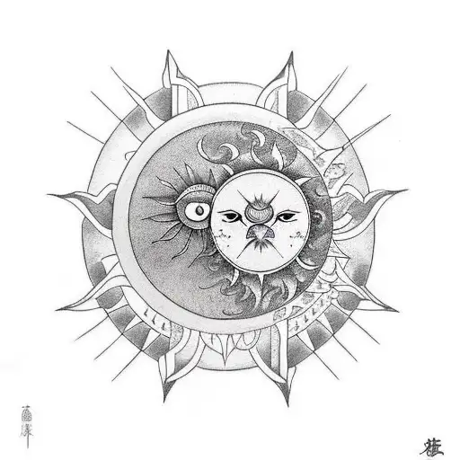 Consider a design where the moon and sun are nestled on opposite sides, creating balance, and an owl in fligh tattoo design idea