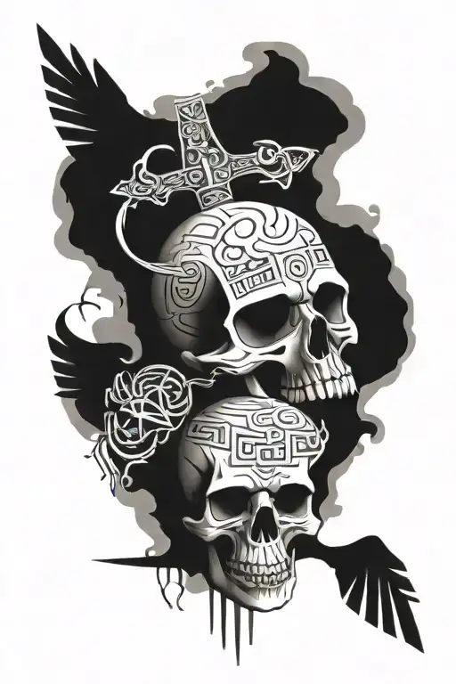 skull and hieroglyph background soft+Thoth tattoo design idea
