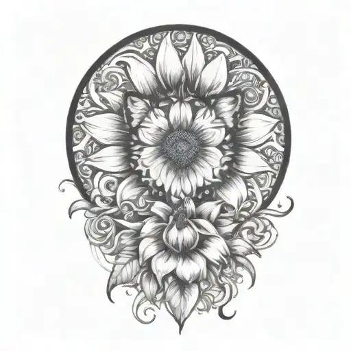 sunflower, tiger Lily, rose buds, Mandela design with elements tattoo design idea