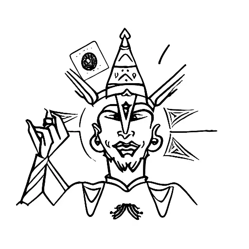 An aquarel depiction of a jester holding a tarot card with the Fool symbol tattoo design idea