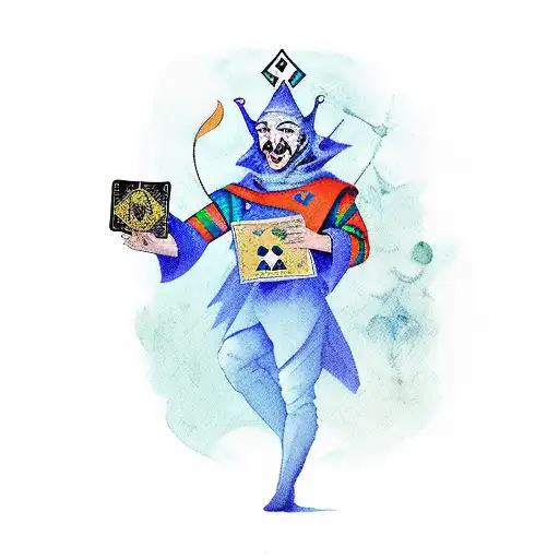 An aquarel depiction of a jester holding a tarot card with the Fool symbol tattoo design idea