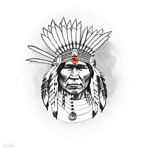 A traditional-style portrait of a Native American Indian warrior with a wolf companion tattoo design idea