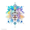 A new-school tattoo of a lion's face with vibrant colors and geometric patterns, incorporating elements of your religious beliefs. tattoo design idea