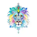 A new-school tattoo of a lion's face with vibrant colors and geometric patterns, incorporating elements of your religious beliefs. tattoo design idea