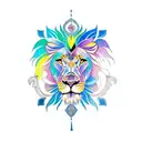 A new-school tattoo of a lion's face with vibrant colors and geometric patterns, incorporating elements of your religious beliefs. tattoo design idea