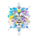 A new-school tattoo of a lion's face with vibrant colors and geometric patterns, incorporating elements of your religious beliefs. tattoo design idea