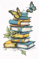 A sunflowers wrapped around a small stack of books with a butterfly hovering over it tattoo design idea