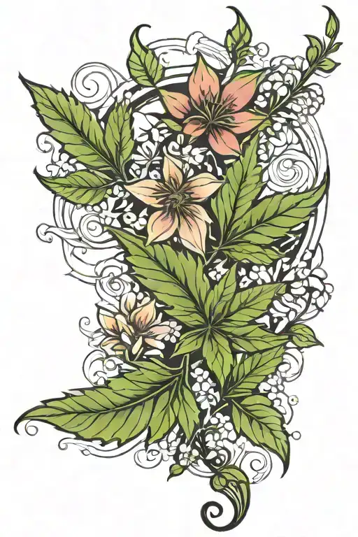 weed leaf and flowers in crescent shape  tattoo design idea