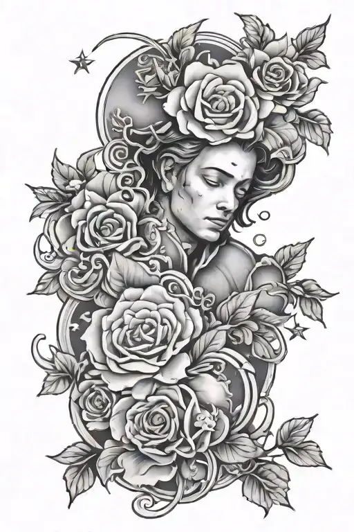 R.i.p Josiah with clouds and stars and flowers intertwined tattoo design idea