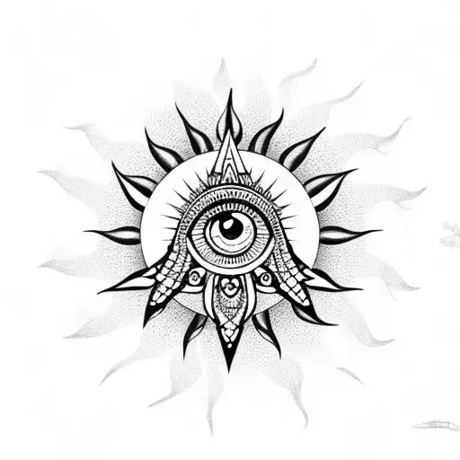 hamsa with sun moon star yantra lotus and evil eye tattoo design idea
