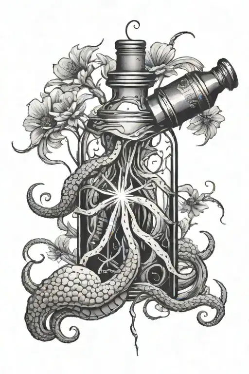 kraken holding tiny bottle with one dandelion seed inside  tattoo design idea