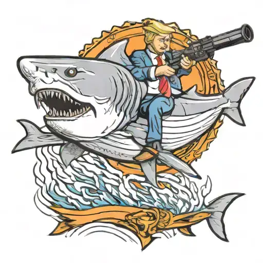 Donald Trump riding a Great White Shark with a bazooka  tattoo design idea