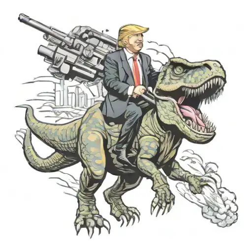 Donald Trump riding a T-Rex with a bazooka  tattoo design idea