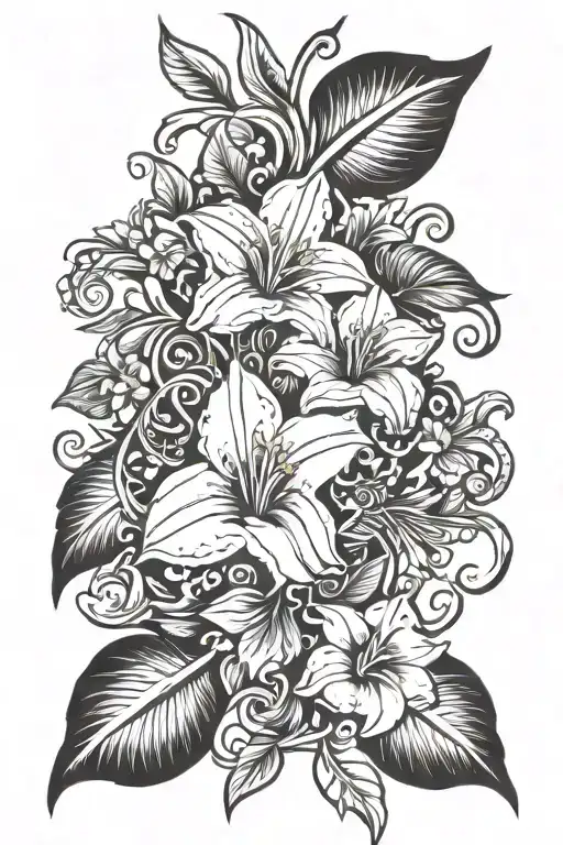 flower bouquet violets daffodils and morning glory vine stems   tattoo design idea
