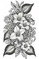 flower bouquet violets daffodils and morning glory vine stems   tattoo design idea