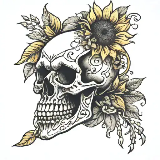 skull hand with sunflower and the numbers 444  tattoo design idea