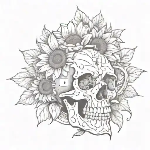 skull hand with sunflower and the numbers "444"  tattoo design idea