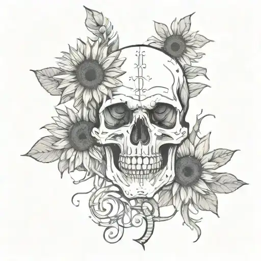 skull hand holding  sunflower and the numbers "444"  tattoo design idea