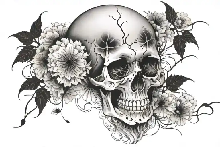 death skull surrounded by dandelions with smoke flowing around them tattoo design idea