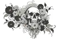 death skull surrounded by dandelions with smoke flowing around them tattoo design idea
