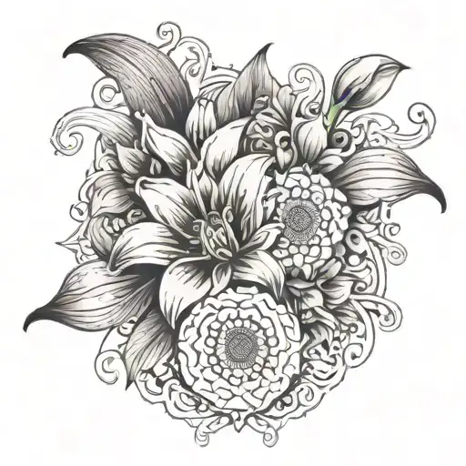 An intricate mandala design incorporating symbols of addiction recovery and suicide awareness, with calla lilies and sunflowers as focal points tattoo design idea