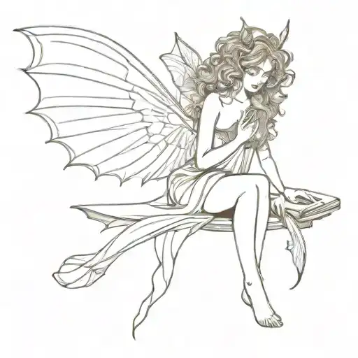 full body female fairy with bat wings and curly hair reading book while standing  tattoo design idea