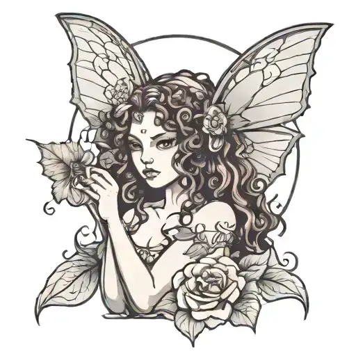 Female fairy with bat wings and curly hair  tattoo design idea
