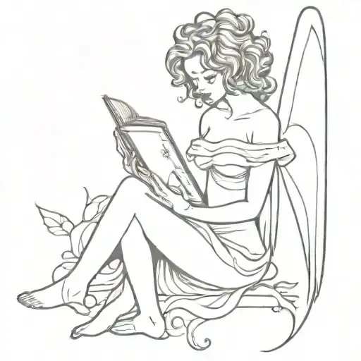 full body female fairy with bat wings and curly hair reading book  tattoo design idea