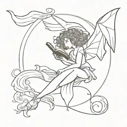 full body female fairy with bat wings and curly hair reading book while flying  tattoo design idea