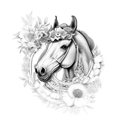A horse's head adorned with a wreath made of horseshoes and flowers tattoo design idea