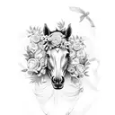 A horse's head adorned with a wreath made of horseshoes and flowers tattoo design idea
