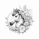 A horse's head adorned with a wreath made of horseshoes and flowers tattoo design idea