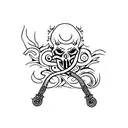 name with two crossed scythe tattoo design idea