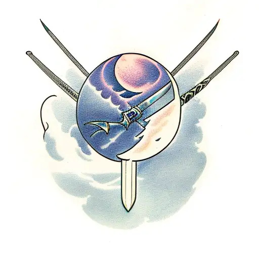 sword, moon, wave tattoo design idea
