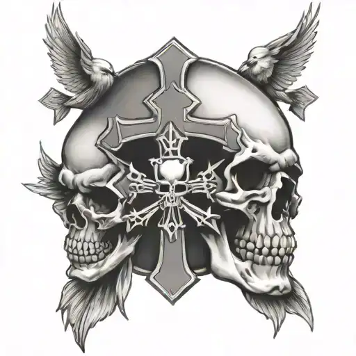 Skulls intertwined with Catholic cross with dove tattoo design idea
