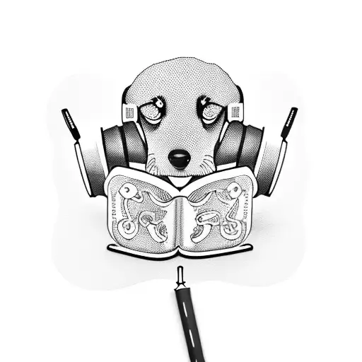 A playful and humorous tattoo of a sleepwalking miniature dachshund wearing 80s music headphones and holding a book titled 'Bad Puns' tattoo design idea