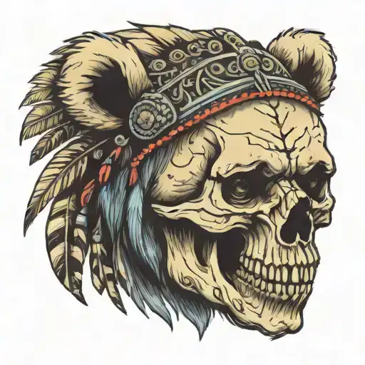 bear wearing headdress of human skull tattoo design idea